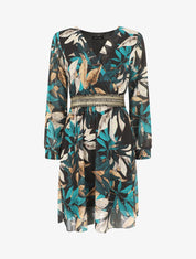 Robe courte évasée motif feuilles - Noir - 1