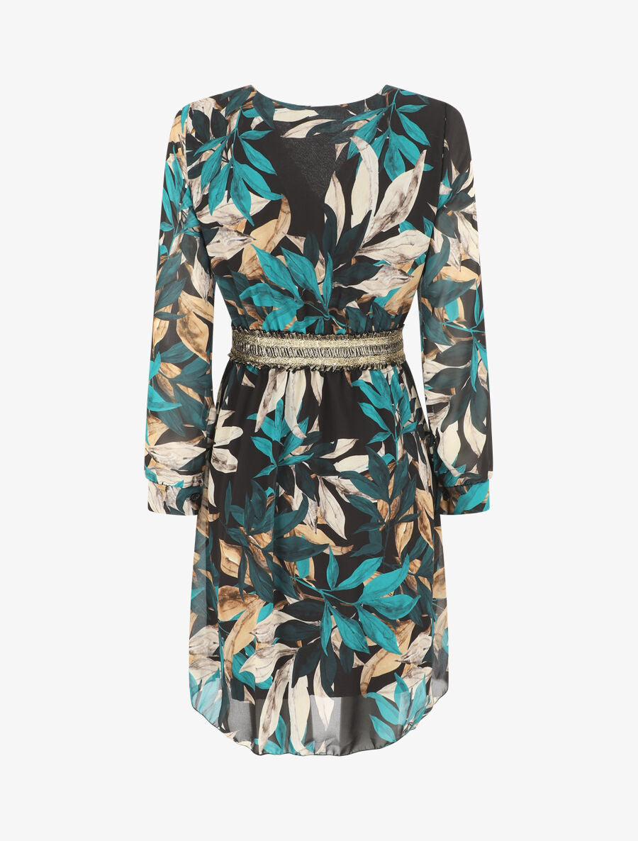 Robe courte évasée motif feuilles - Noir - 2