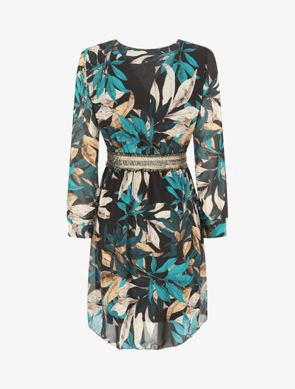 Robe courte évasée motif feuilles - Noir - 2