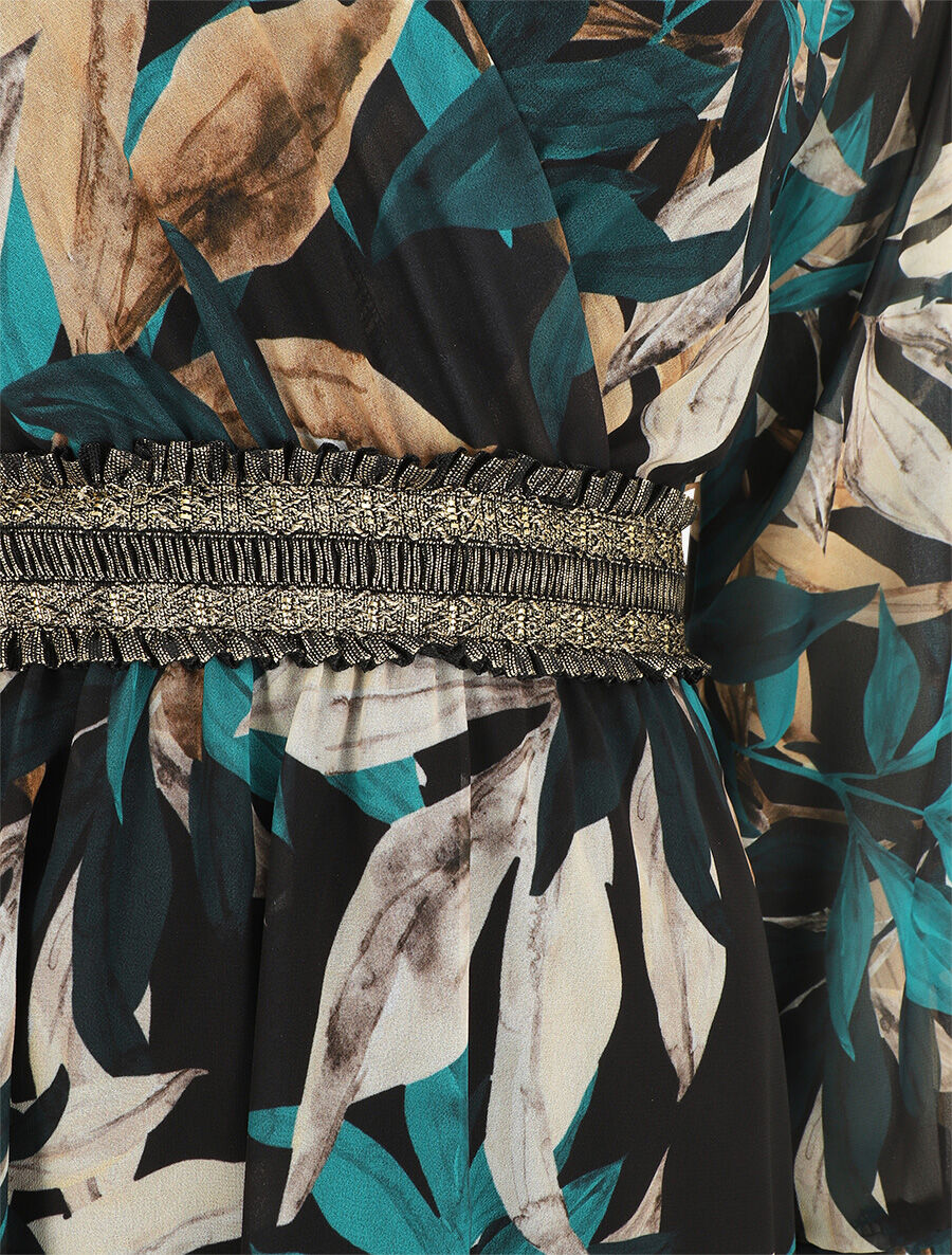 Robe courte évasée motif feuilles - Noir - 3