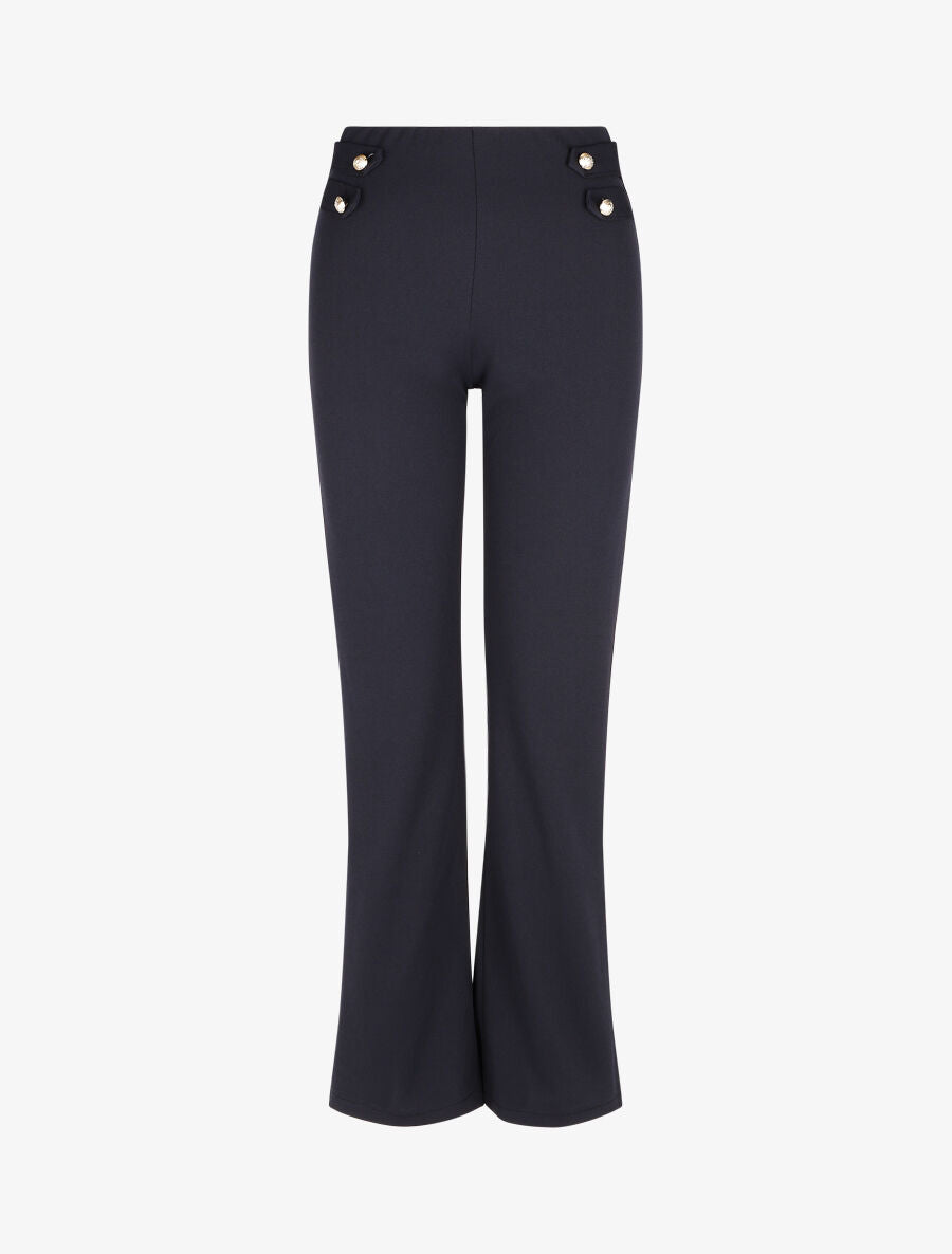 Pantalon droit taille haute à boutons - Marine - 1