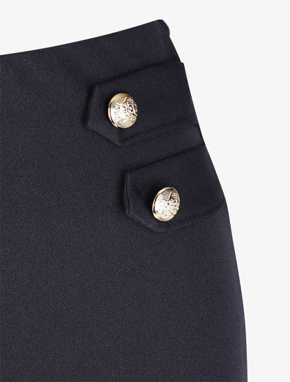 Pantalon droit taille haute à boutons - Marine - 3