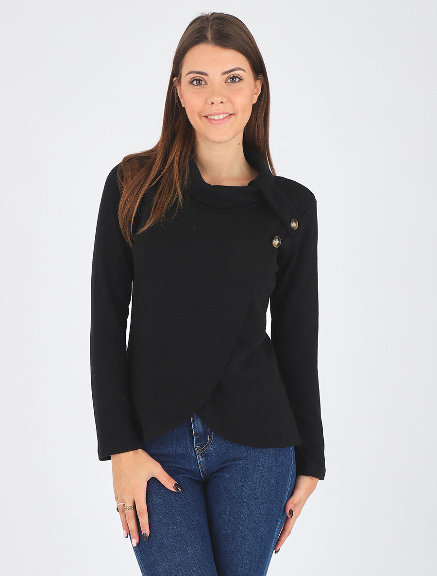 Pull droit col roulé et boutons - Noir - 4