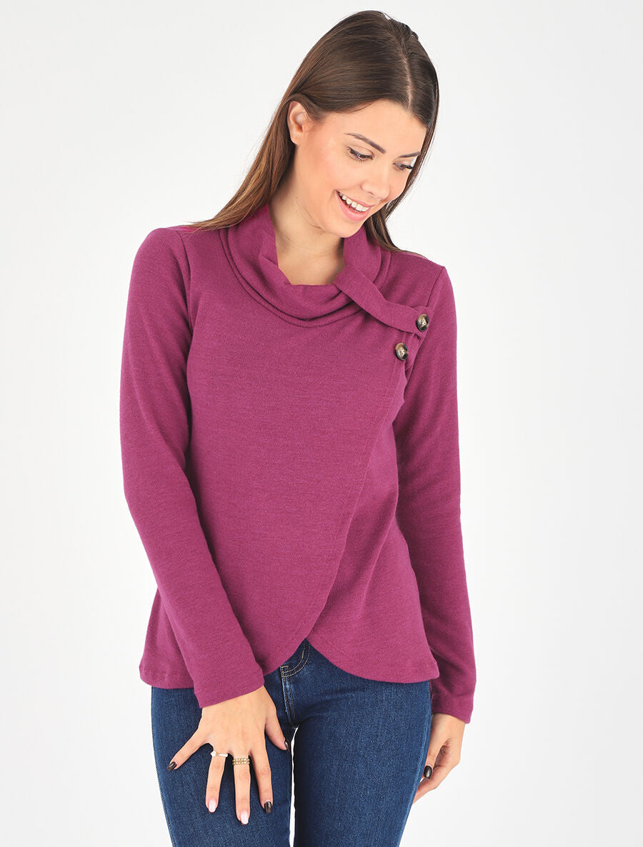 Pull droit col roulé et boutons - Violine - 4