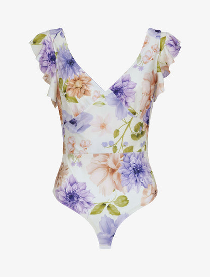 Body stretch à volants et imprimé fleurs sauvages - Crème - 4