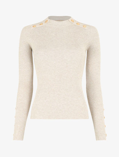 Pull fin côtelé et boutons décoratifs - Beige - 1