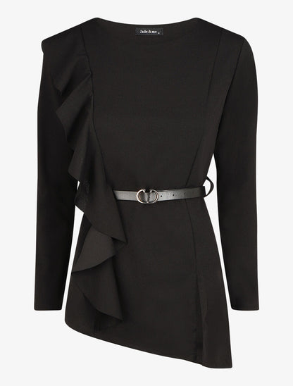 Top asymétrique uni et volanté - Noir - 1