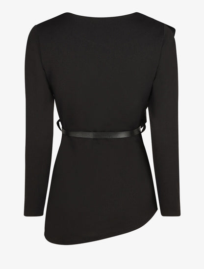 Top asymétrique uni et volanté - Noir - 2