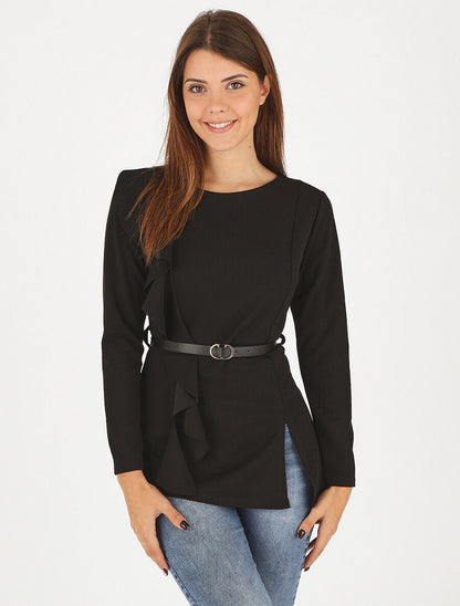Top asymétrique uni et volanté - Noir - 4