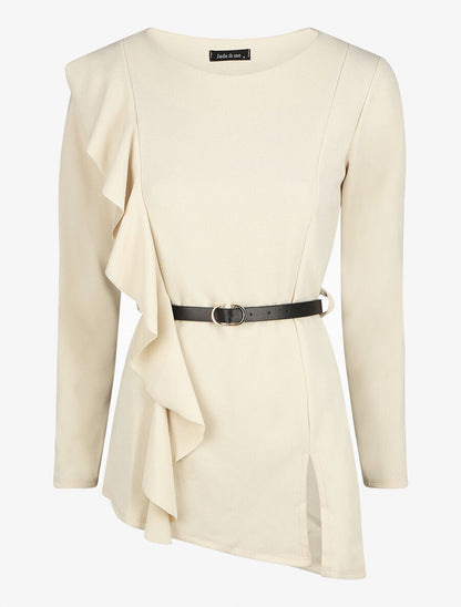 Top asymétrique uni et volanté - Beige - 6