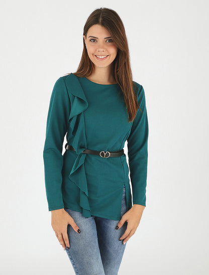 Top asymétrique uni et volanté - Bleu canard - 4
