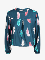 Blouse à imprimé plume - Bleu canard - 1