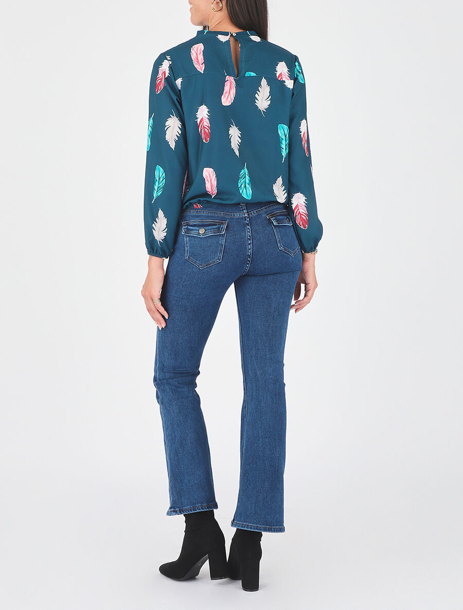 Blouse à imprimé plume - Bleu canard - 5