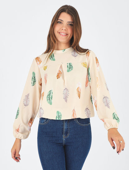 Blouse à imprimé plume - Beige - 4