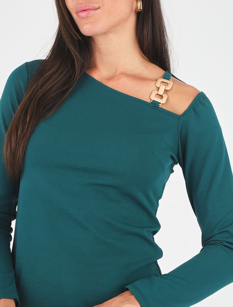 Blouse unie à empiècement métal à l&