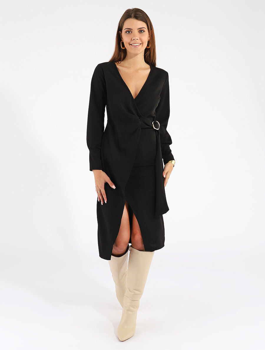 Robe longue unie effet portefeuille - Noir - 4