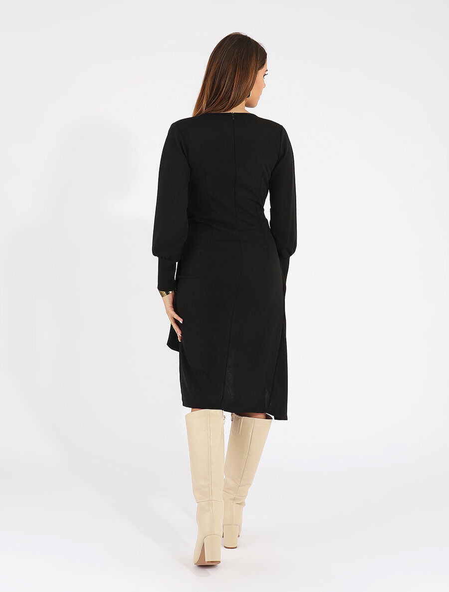 Robe longue unie effet portefeuille - Noir - 5