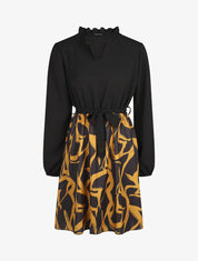 Robe fluide bicolore imprimé graphique - Jaune moutarde - 7
