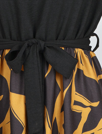 Robe fluide bicolore imprimé graphique - Jaune moutarde - 3