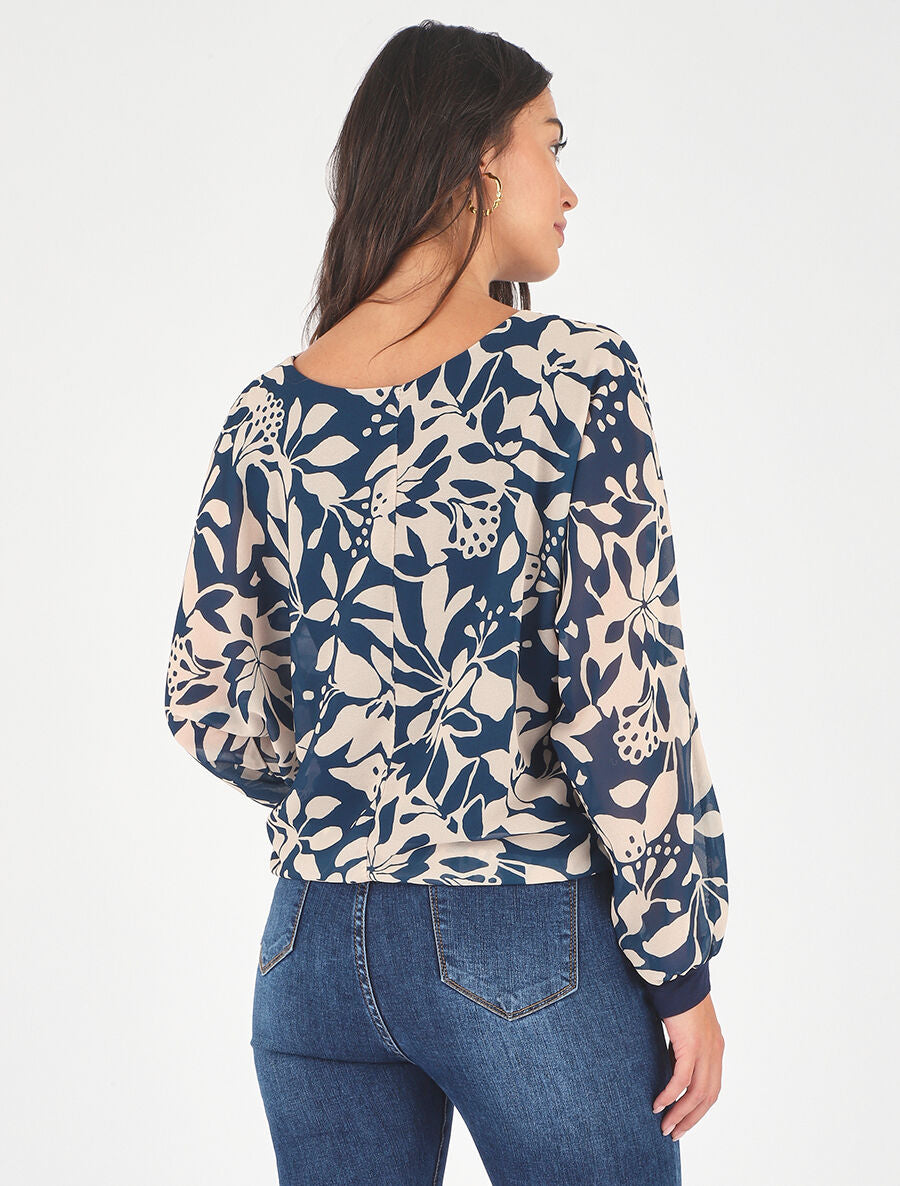 Blouse en voile imprimé fleuri - Marine - 5