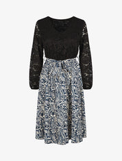 Robe évasée dentelle et imprimé cachemire - Marine - 1