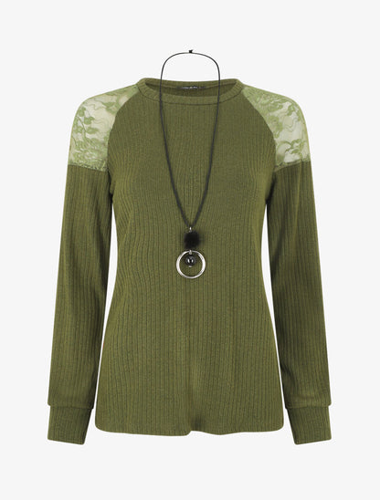 Pull uni et épaules en dentelle - Kaki - 1