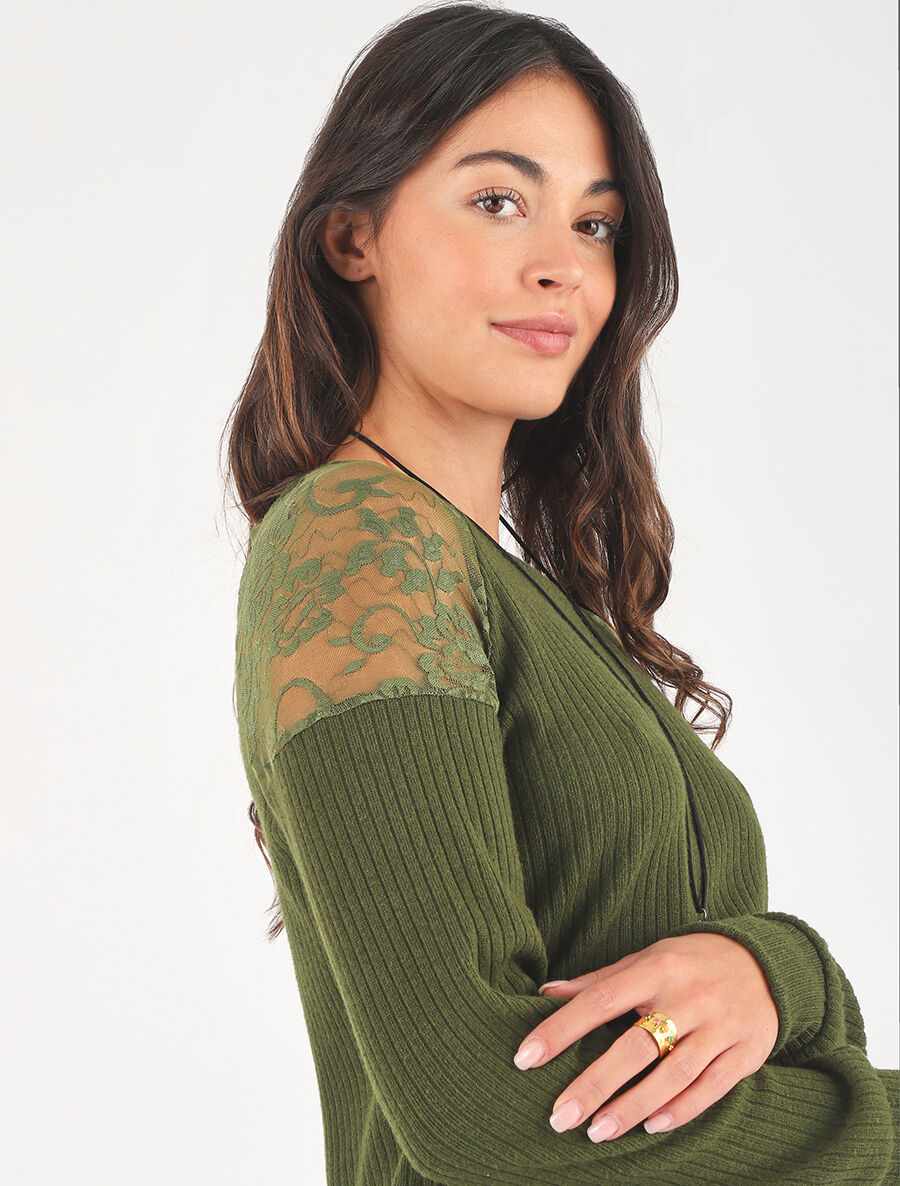 Pull uni et épaules en dentelle - Kaki - 6
