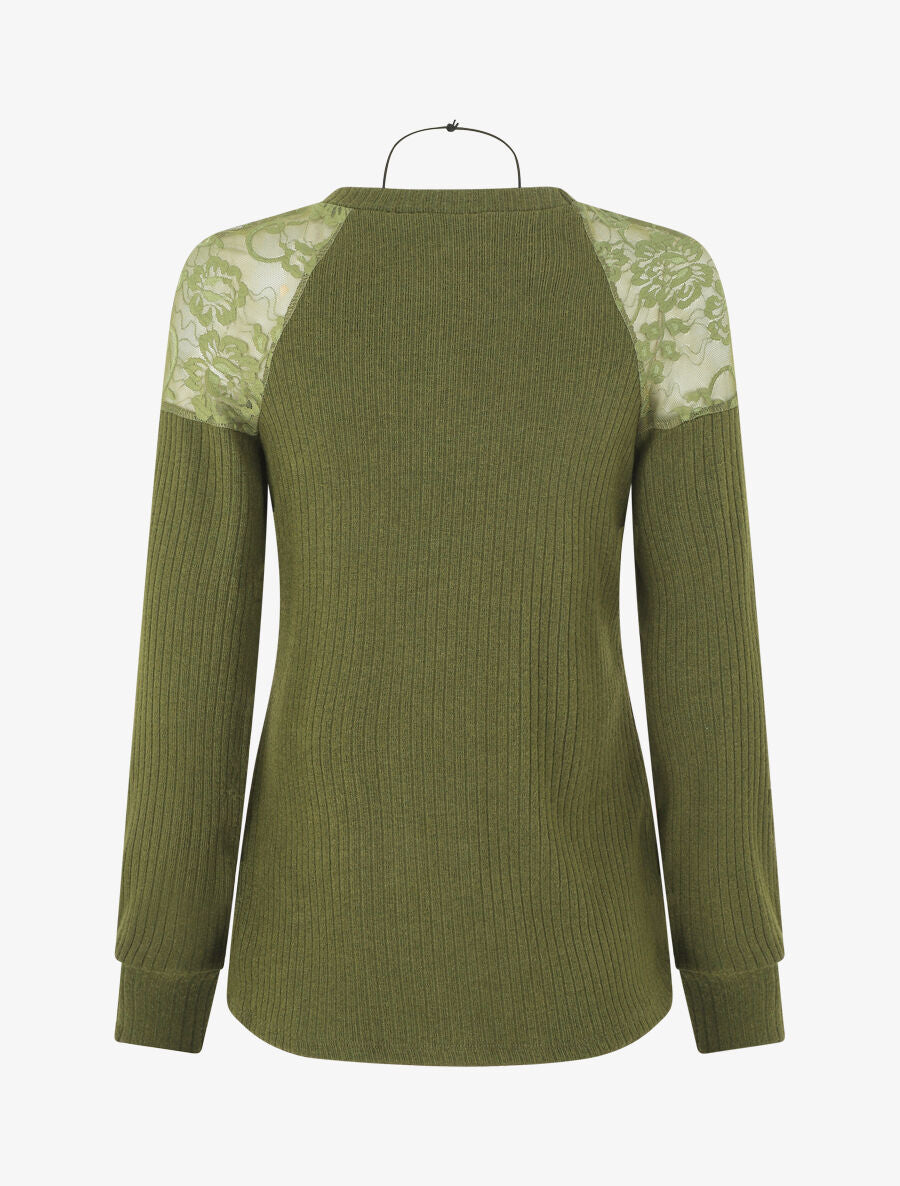 Pull uni et épaules en dentelle - Kaki - 2