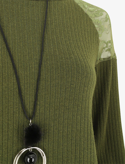 Pull uni et épaules en dentelle - Kaki - 3