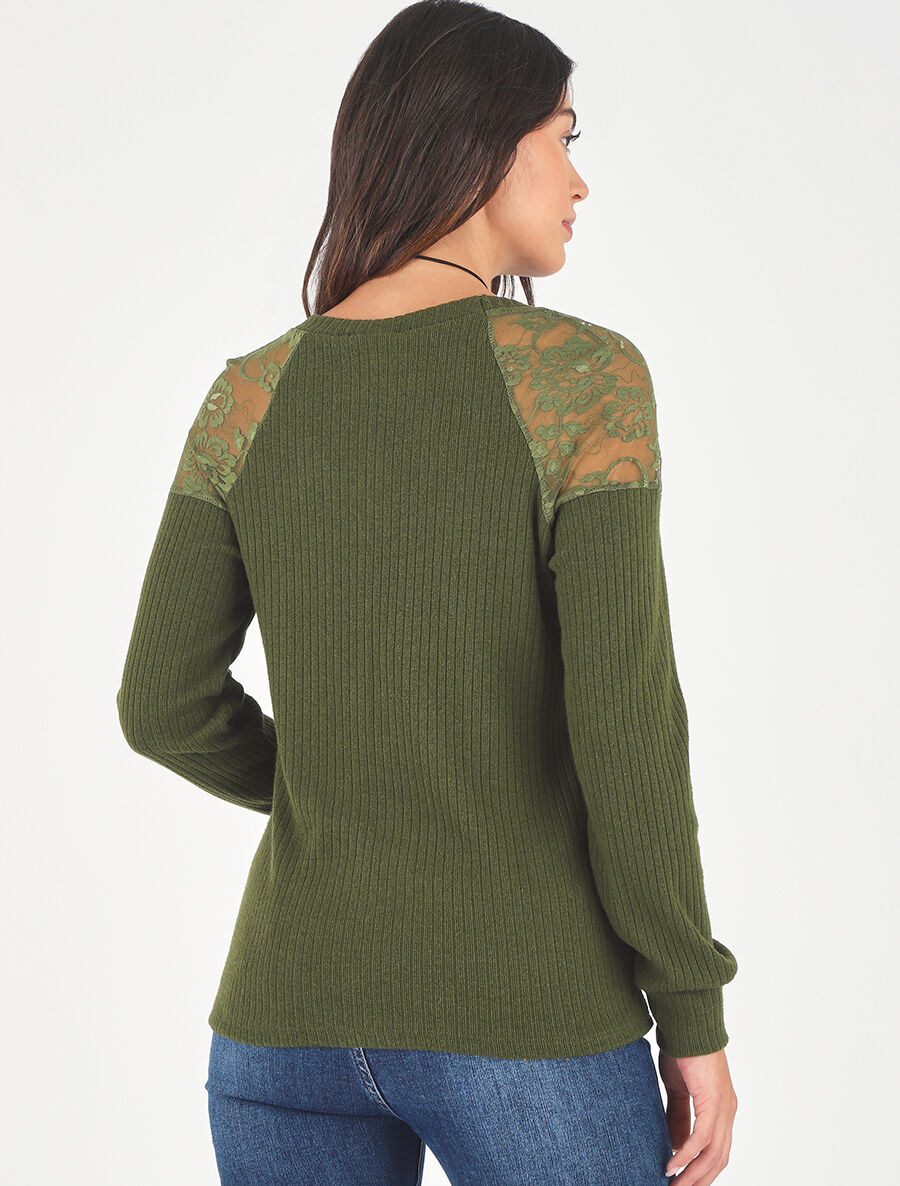 Pull uni et épaules en dentelle - Kaki - 5