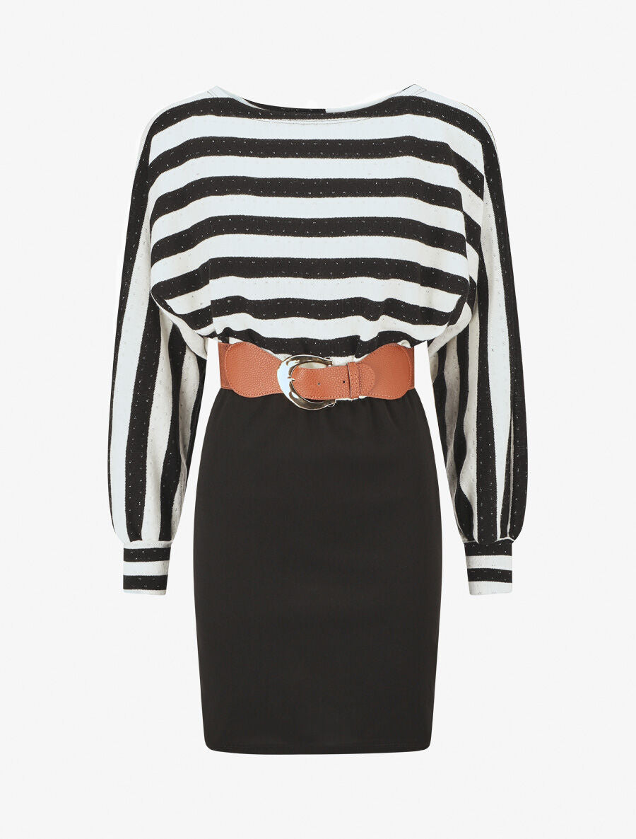 Robe courte ajustée bi-matière à rayures - Noir/blanc - 1