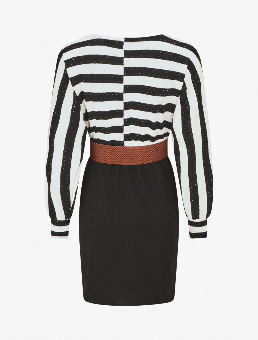 Robe courte ajustée bi-matière à rayures - Noir/blanc - 2