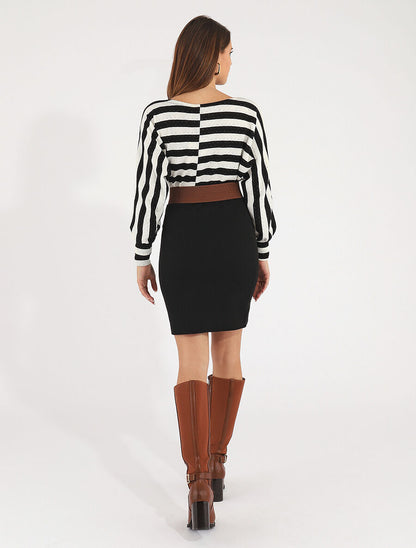 Robe courte ajustée bi-matière à rayures - Noir/blanc - 5