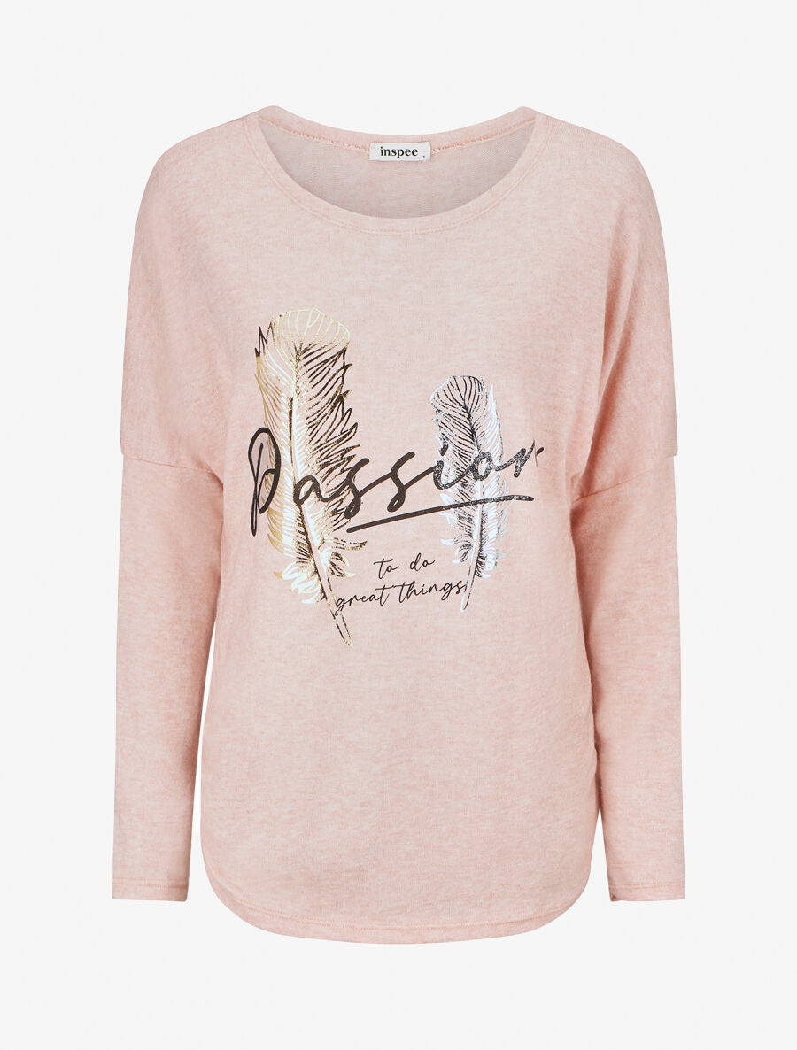 Pull ample motif plumes irisées - Rose - 1