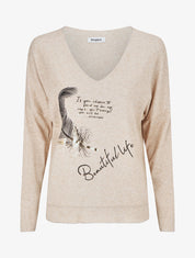Pull ample col V motif plumes - Beige - 4