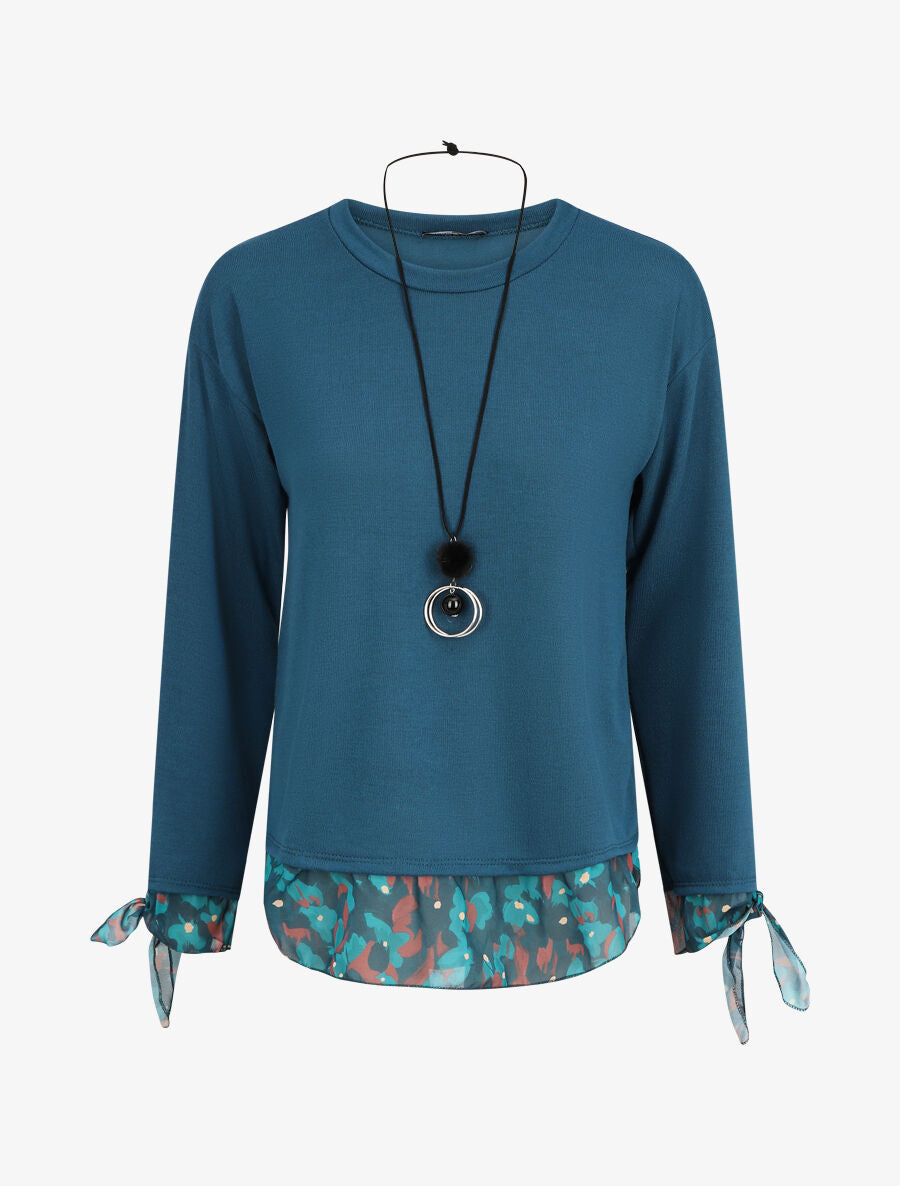 Pull fin bi-matière à imprimé fleuri - Bleu canard - 1