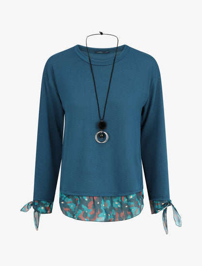 Pull fin bi-matière à imprimé fleuri - Bleu canard - 1