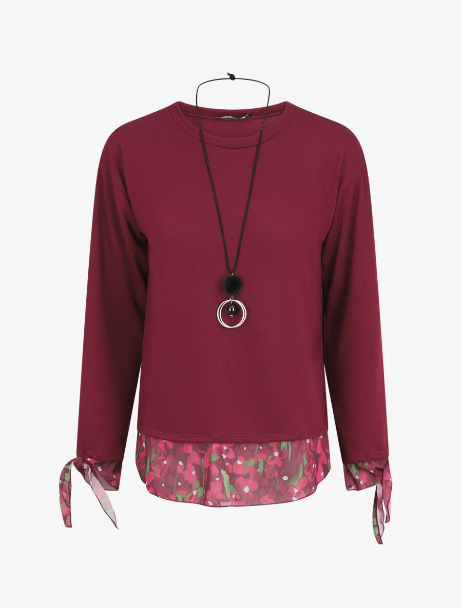 Pull fin bi-matière à imprimé fleuri - Prune - 1