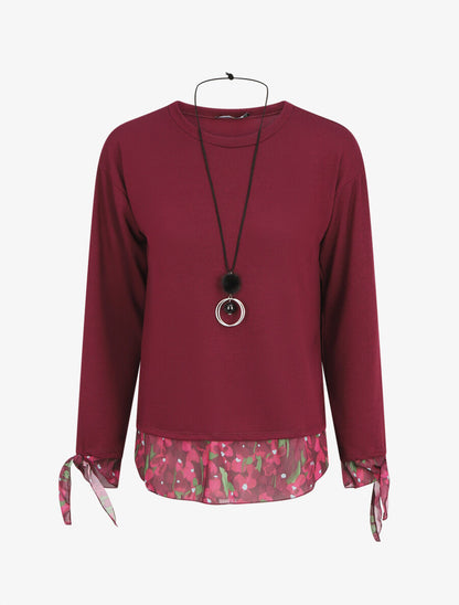 Pull fin bi-matière à imprimé fleuri - Prune - 1