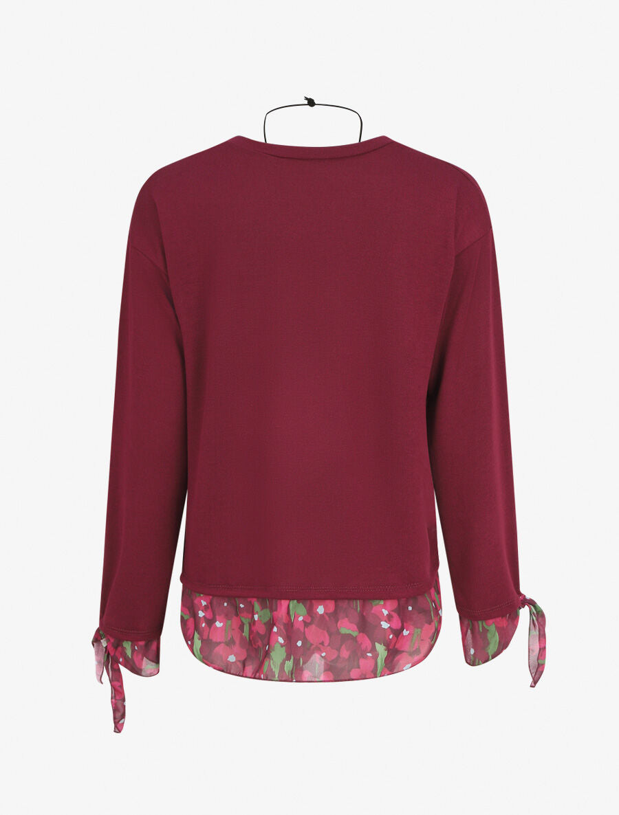 Pull fin bi-matière à imprimé fleuri - Prune - 2