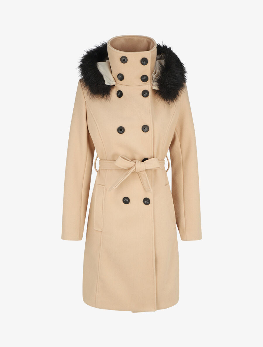 Manteau long capuche à fourrure - Beige - 4