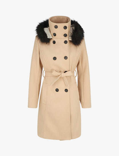 Manteau long capuche à fourrure - Beige - 4