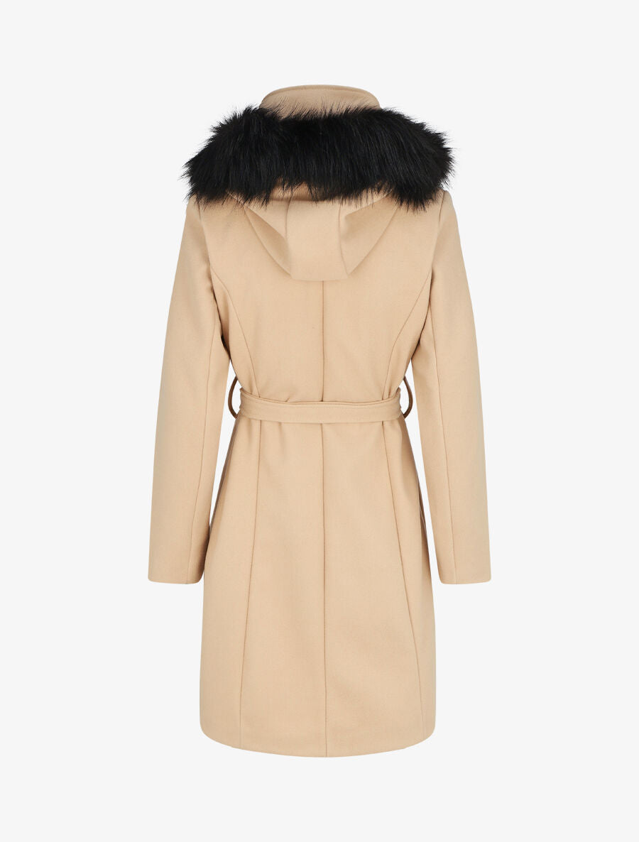 Manteau long capuche à fourrure - Beige - 2