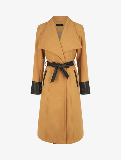 Manteau uni à manches en simili - Camel - 1