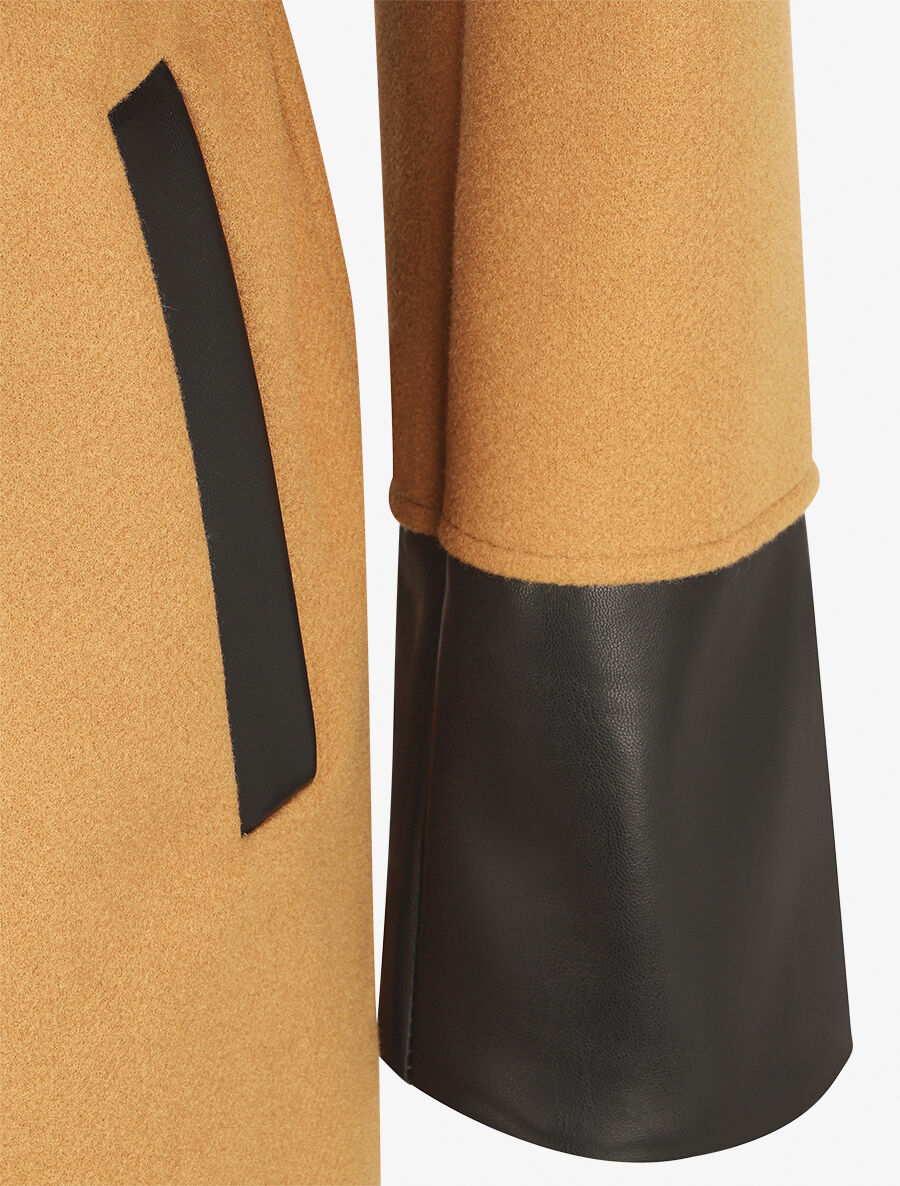 Manteau uni à manches en simili - Camel - 3