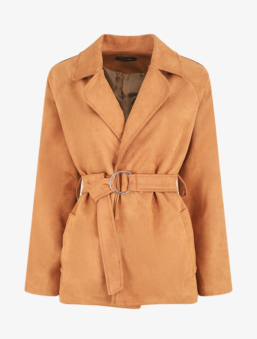 Veste droite en suédine ceinturée - Camel - 1