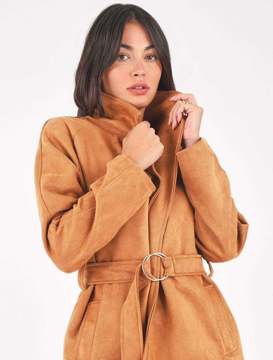 Veste droite en suédine ceinturée - Camel - 6