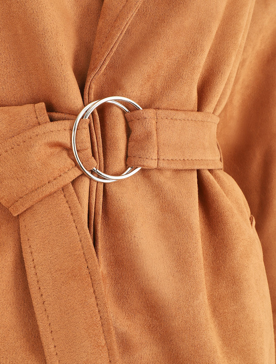 Veste droite en suédine ceinturée - Camel - 3