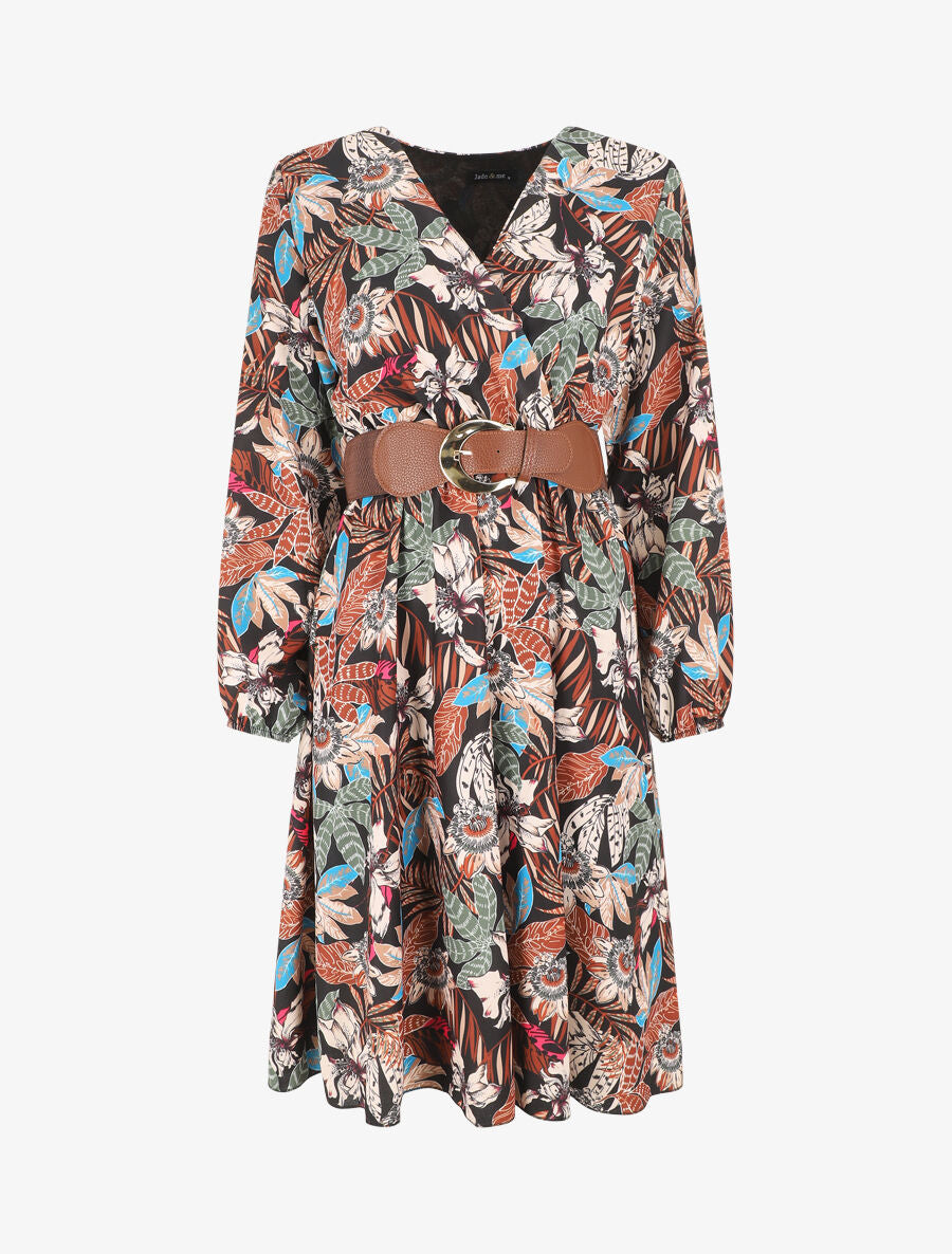 Robe évasée imprimé tropical - Noir - 1