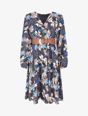 Robe évasée imprimé tropical - Marine - 1